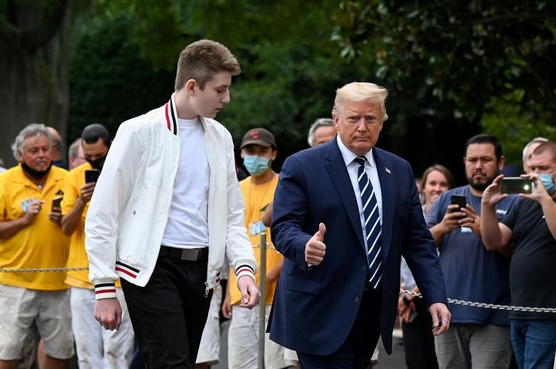 U.S. President Donald Trump and his son Barron walk to the White House from Marine One in Washington. REUTERS/Erin Scott